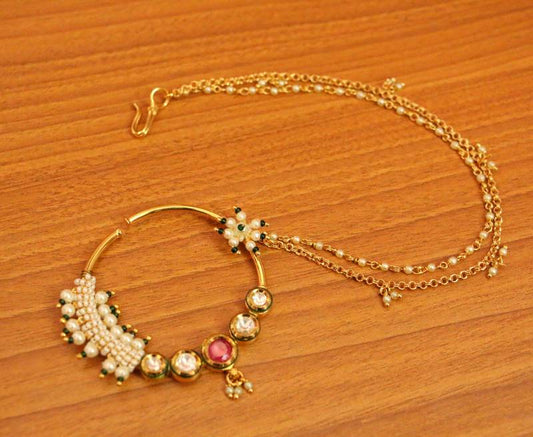 GOLD PLATED KUNDAN POLKI & PERAL BRIDAL NOSE RING