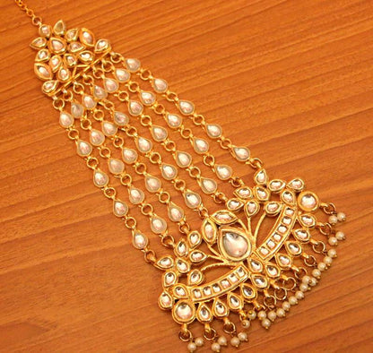 Kundan & Pearl Bridal Jhoomar | Gold-Plated Side Maang Tikka for Women
