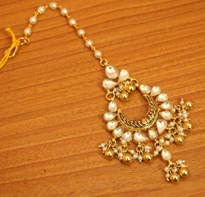 Antique Gold Kundan & Pearl Maang Tikka | Gold-Plated Bridal Head Jewellery for Women