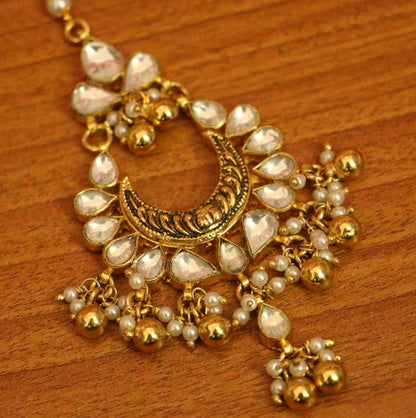 Antique Gold Kundan & Pearl Maang Tikka | Gold-Plated Bridal Head Jewellery for Women