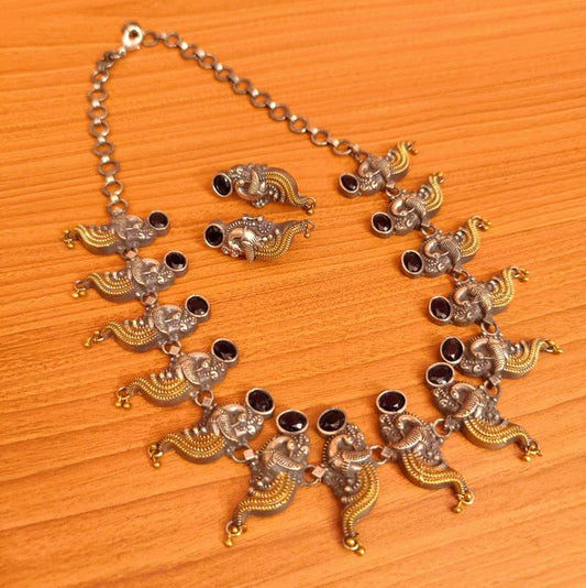 OXIDISED SILVER PEACOCK BLUE SAPPHIRE NECKLACE SET