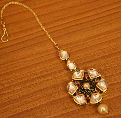 Antique Kundan Polki Maang Tikka | Gold-Plated Heritage Bridal Head Jewellery