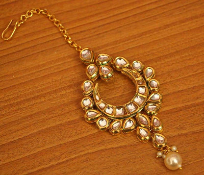 Kundan Meenakari Pearl Bridal Maang Tikka | Gold-Plated Enamel Head Jewellery