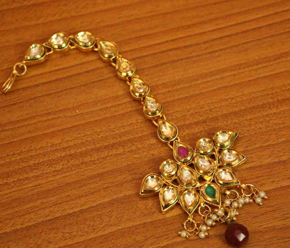Pear-Shaped Multicolour Kundan Maang Tikka | Gold-Plated Bridal Head Jewellery