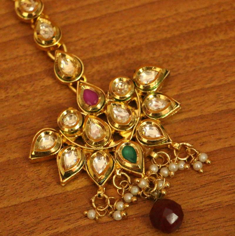 Pear-Shaped Multicolour Kundan Maang Tikka | Gold-Plated Bridal Head Jewellery