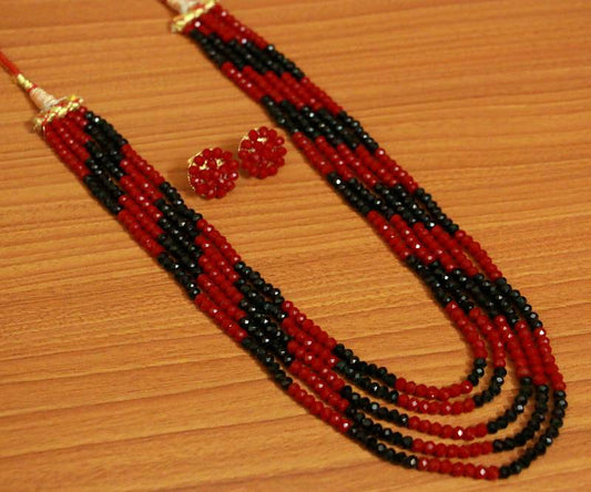 RED & BLACK CRYSTAL BEAD NECKLACE SET WITH RED STUDS