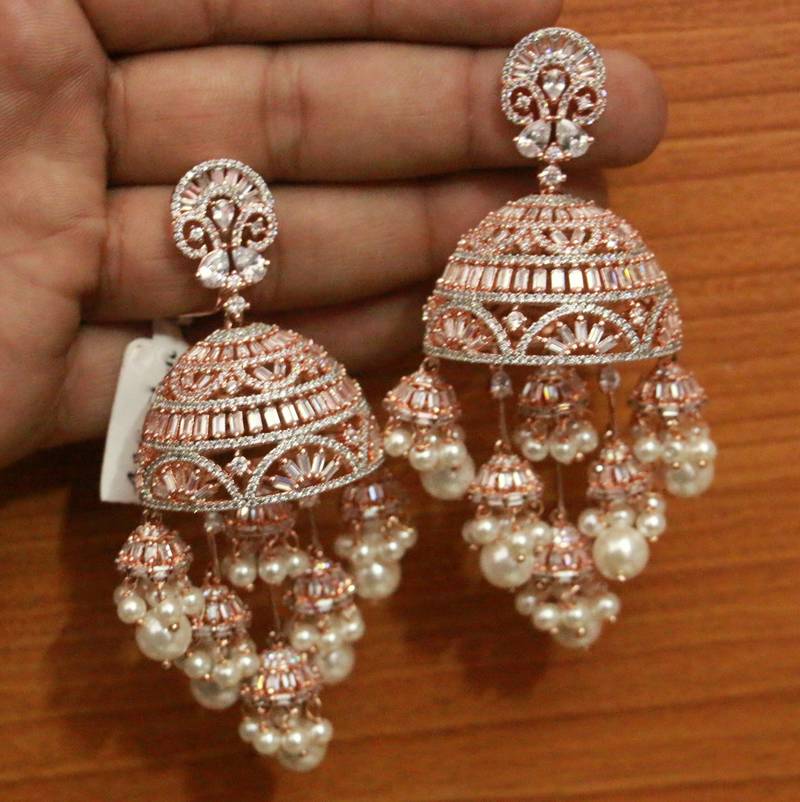 Rose Gold Cubic Zirconia Indian Jewelry Jhumka Earrings | Jhumka earri –  Indian Designs