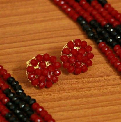 RED & BLACK CRYSTAL BEAD NECKLACE SET WITH RED STUDS
