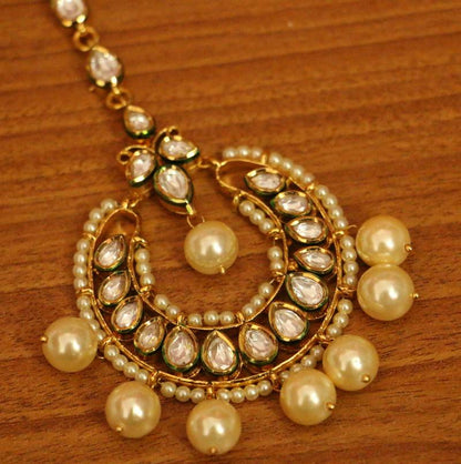 Kundan & Pearl Wedding Maang Tikka | Gold-Plated Bridal Head Jewellery for Women