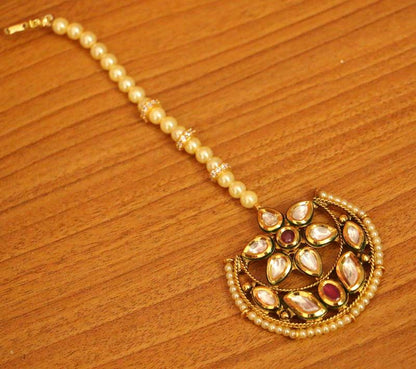 Ruby Kundan Meenakari & Pearl Wedding Maang Tikka | Gold-Plated Bridal Tikka