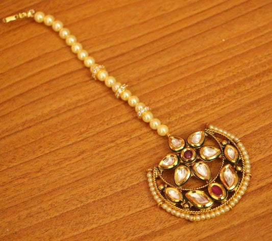 Ruby Kundan Meenakari & Pearl Wedding Maang Tikka | Gold-Plated Bridal Tikka