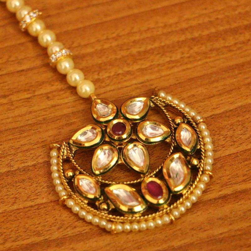 Ruby Kundan Meenakari & Pearl Wedding Maang Tikka | Gold-Plated Bridal Tikka