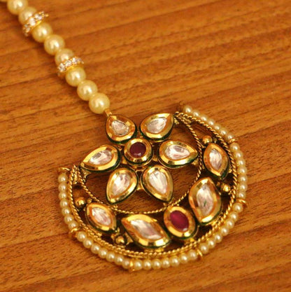 Ruby Kundan Meenakari & Pearl Wedding Maang Tikka | Gold-Plated Bridal Tikka