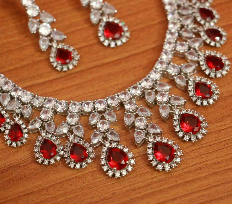 Real 925 Silver Red Ruby & Diamond Ring Pendant Necklace & Earrings Jewelry  Set
