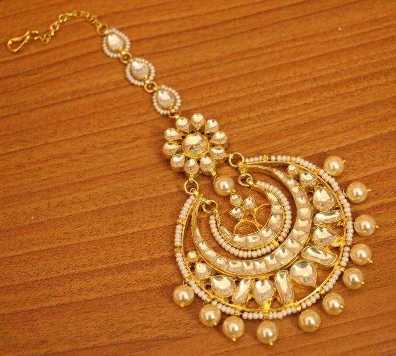 Kundan & Pearl Chaand Baali Maang Tikka | Gold-Plated Bridal Head Jewellery for Women