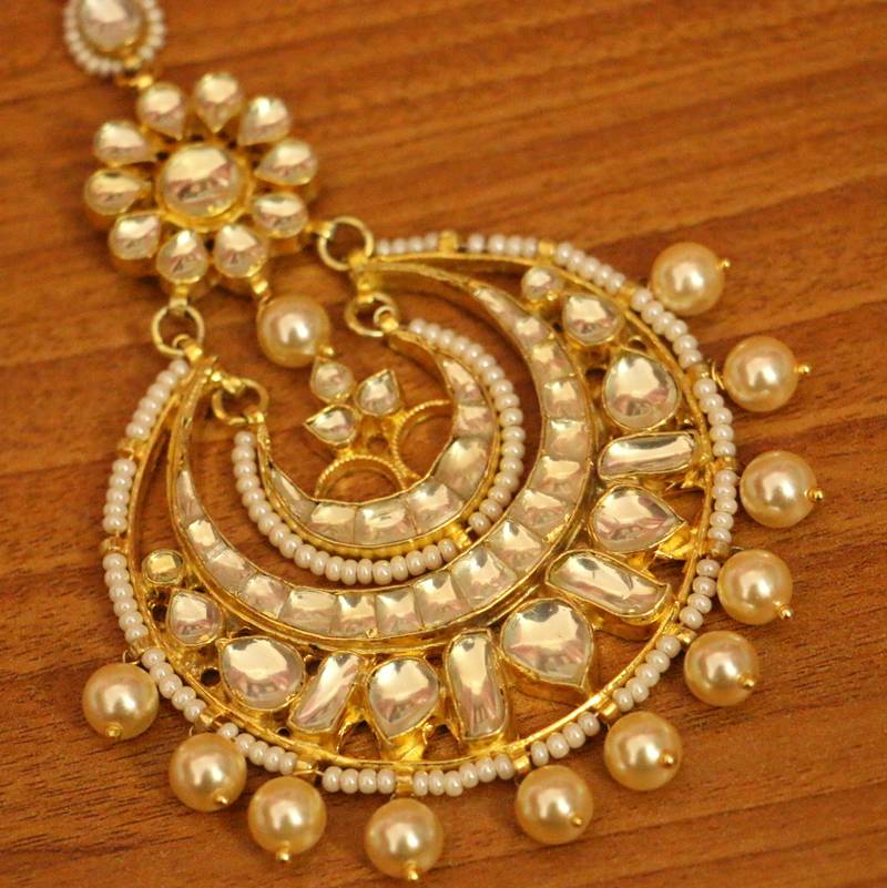Kundan & Pearl Chaand Baali Maang Tikka | Gold-Plated Bridal Head Jewellery for Women