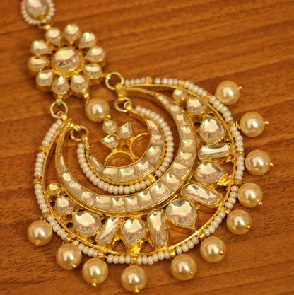 Kundan & Pearl Chaand Baali Maang Tikka | Gold-Plated Bridal Head Jewellery for Women