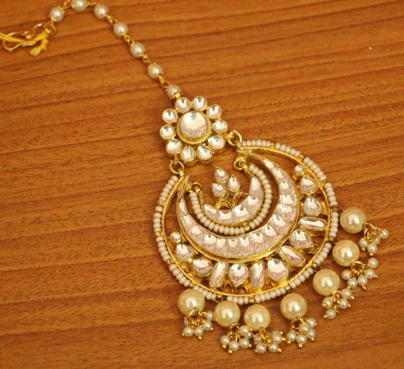 Kundan & Pearl Chaand Baali Tikka | Premium Gold-Plated Bridal Moon Maang Tikka