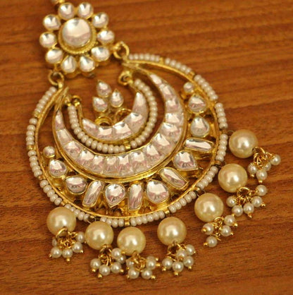 Kundan & Pearl Chaand Baali Tikka | Premium Gold-Plated Bridal Moon Maang Tikka
