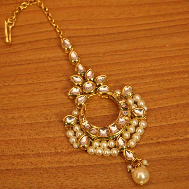 Kundan Meenakari Pearl Wedding Maang Tikka | Gold-Plated Bridal Head Jewellery