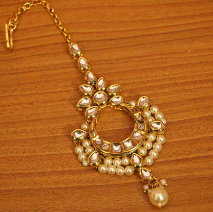 Kundan Meenakari Pearl Wedding Maang Tikka | Gold-Plated Bridal Head Jewellery