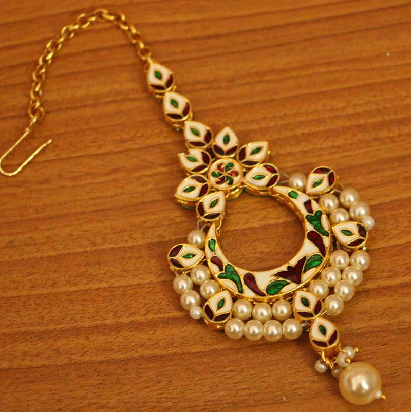 Kundan Meenakari Pearl Wedding Maang Tikka | Gold-Plated Bridal Head Jewellery