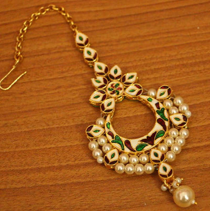 Kundan Meenakari Pearl Wedding Maang Tikka | Gold-Plated Bridal Head Jewellery