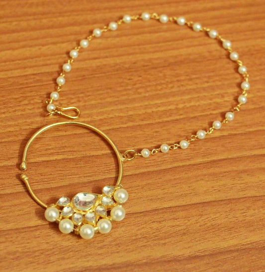 KUNDAN POLKI & PEARL GOLD PLATED BRIDAL NOSE RING