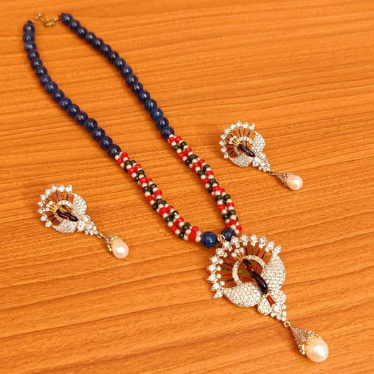 BLUE ONYX CZ STUDDED DIAMOND LOOK NECKLACE SET