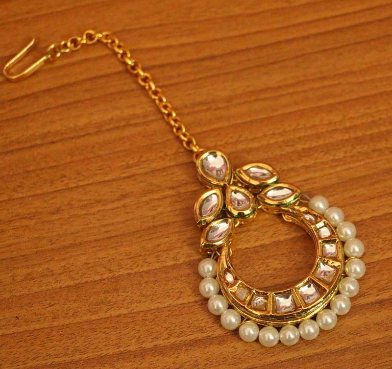 Elegant Kundan Meenakari Pearl Maang Tikka | Gold-Plated Bridal Head Jewellery
