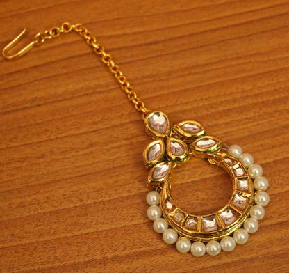 Elegant Kundan Meenakari Pearl Maang Tikka | Gold-Plated Bridal Head Jewellery