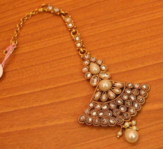 Bejeweled Polki & Pearl Bridal Maang Tikka | Gold-Plated Ethnic Head Jewellery