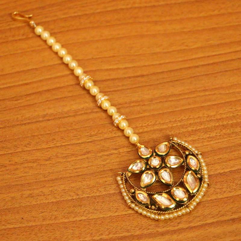 Kundan Meenakari Pearl & Polki Maang Tikka | Gold-Plated Bridal Head Jewellery