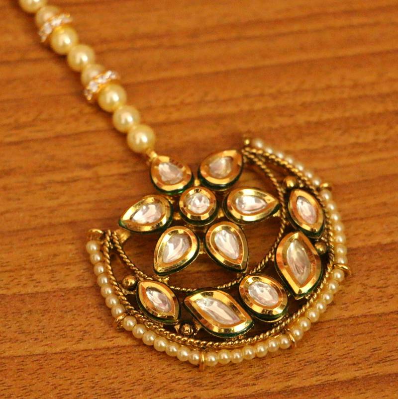 Kundan Meenakari Pearl & Polki Maang Tikka | Gold-Plated Bridal Head Jewellery