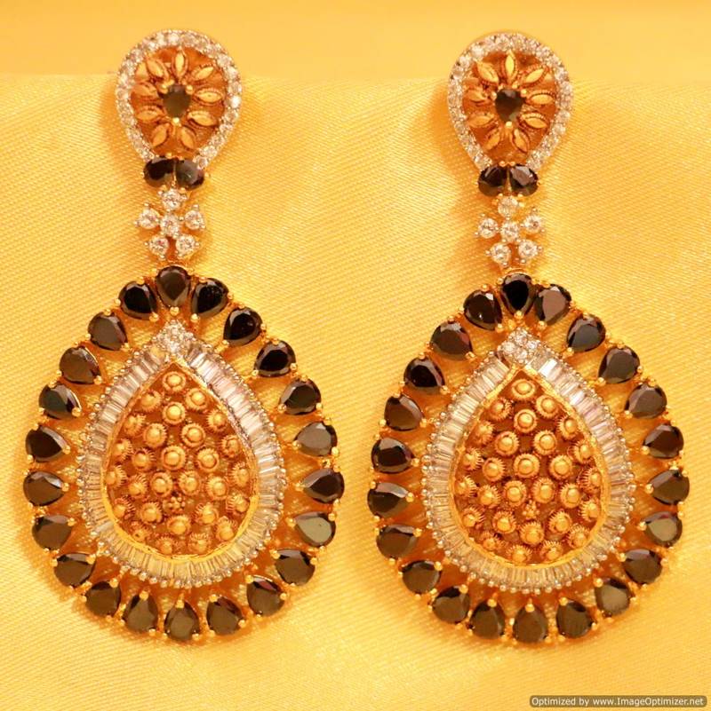 Black Onyx American Diamond Danglers Close-up – Sanvi Jewels