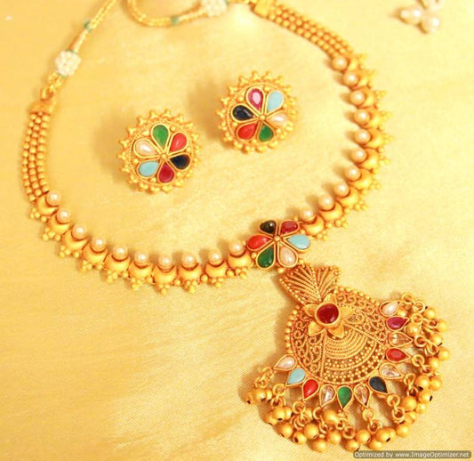 Gold look navratan gerua polish necklace set