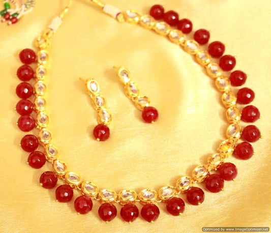 Red onyx single line kundan necklace set
