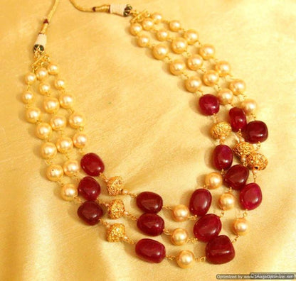 Semi precious ruby and pearl gold beads necklace