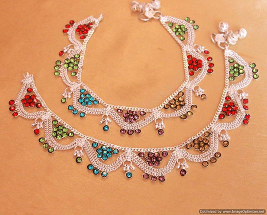 Multicolour Flower Pattern Zircon Studded Anklets