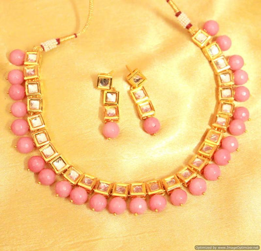 Pink Onyx Kundan Single Line Necklace Set