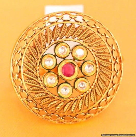 RUBY KUNDAN POLKI GOLD LOOK COCKTAIL RING