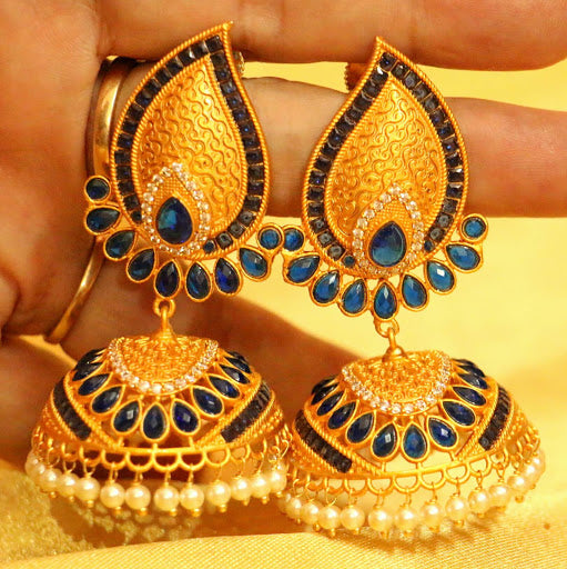 Blue Gold Plated Paisley Look Matt Finish Jhumka