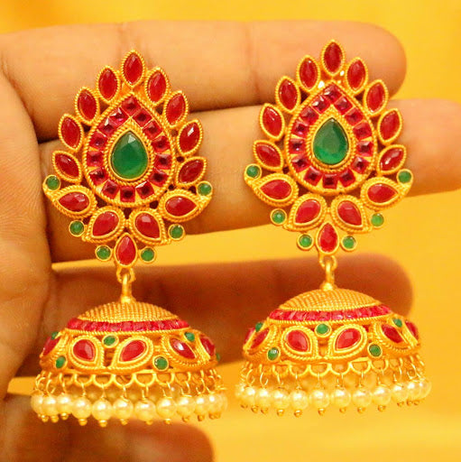 Multicolour Polki Stones Studded Gold Plated Jhumka's