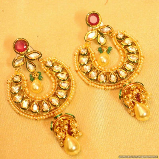 Kundan Meenakari Ruby & Pearl Dangling Earrings