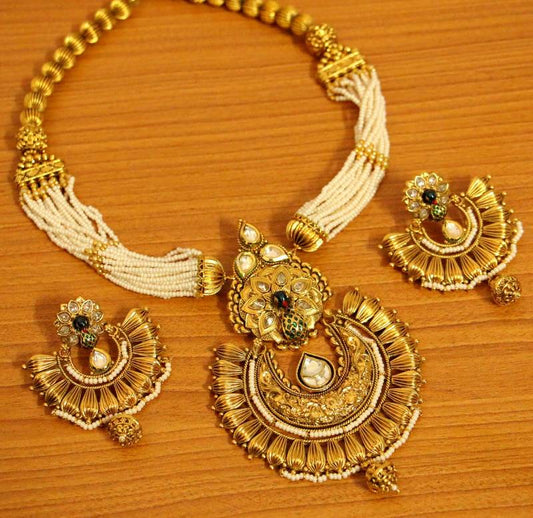 Gold Look Kundan Polki Pearl Peacock Necklace Set
