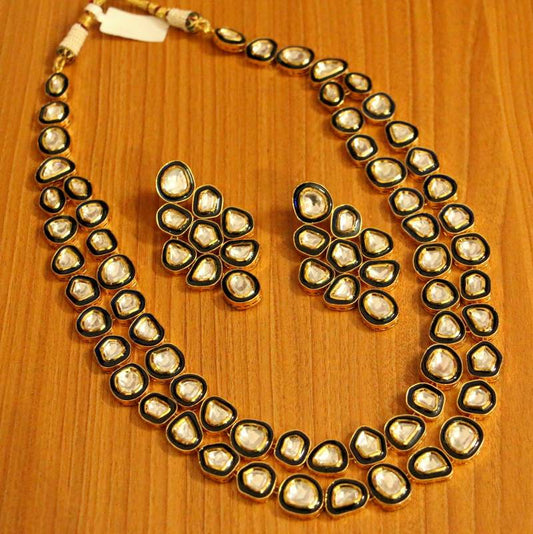Uncut Kundan Polki Real Gold Look Two Line Necklace Set