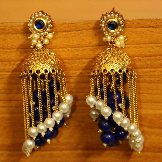 Gold Plated Blue Stone and Pearl Wedding Jhumka's