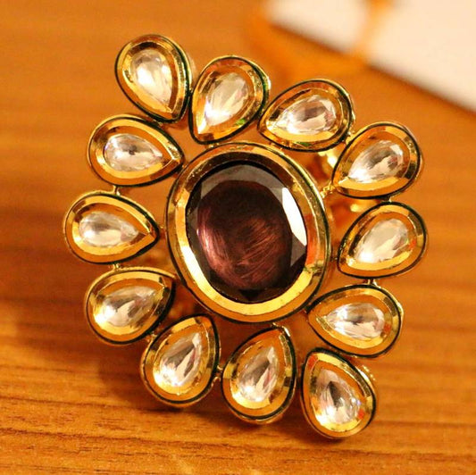 KUNDAN POLKI RHODOLITE STONE ADJUSTABLE COCKTAIL RING