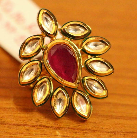RUBY STONE MARQUESE KUNDAN POLKI COCKTAIL RING