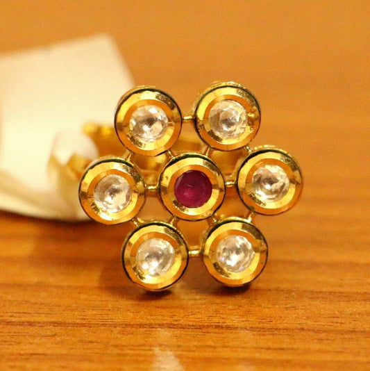 RUBY STONE ROUND PATTERN KUNDAN MEENAKARI RING